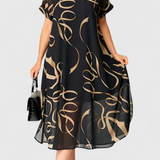 Jillian Vestido Caftán Negro con Estampado Abstracto en Oro y Escote en V