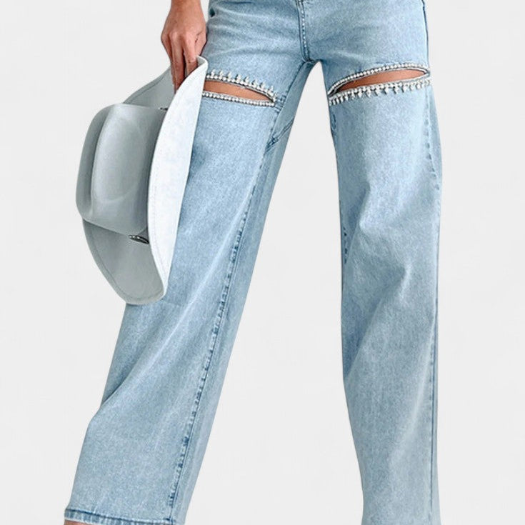 Evian Jeans Ripped Straight-Leg con Rhinestones