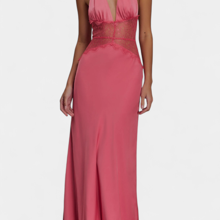 Ashanty Vestido Largo con Escote Halter y Cintura de Encaje Transparente
