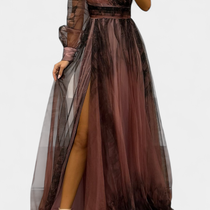 Becca Vestido Maxi de Chiffón con Hombro Descubierto y Flor Voluminosa