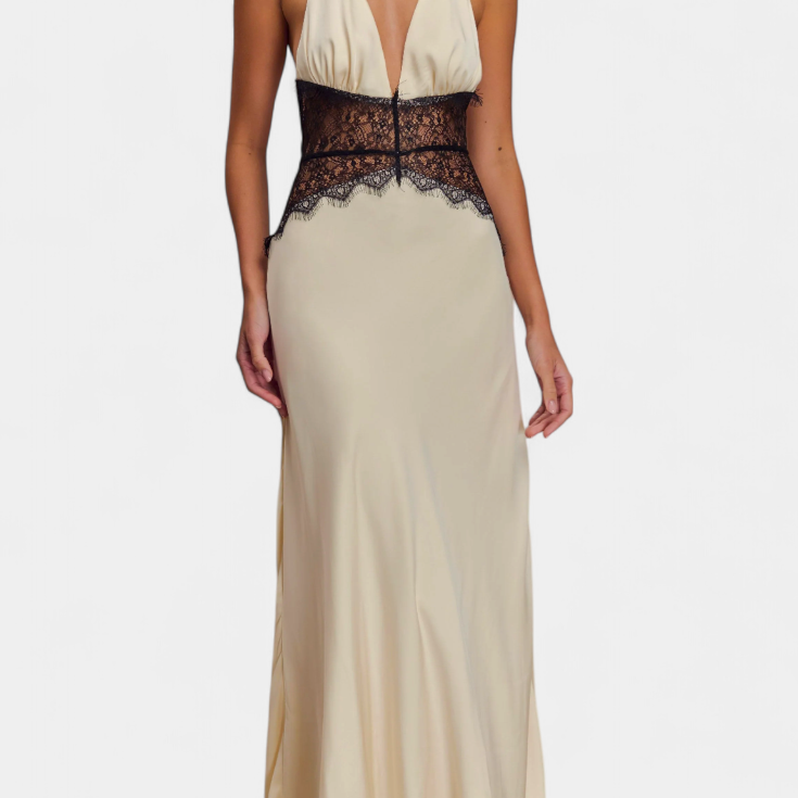 Ashanty Vestido Largo con Escote Halter y Cintura de Encaje Transparente
