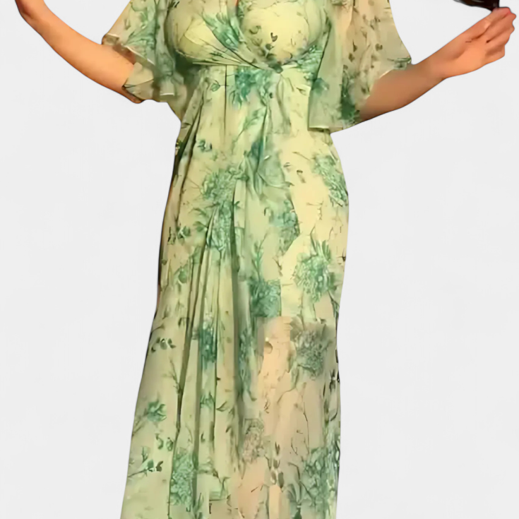 Sima Vestido Cruzado Estampado con Escote en V y Mangas Acampanadas