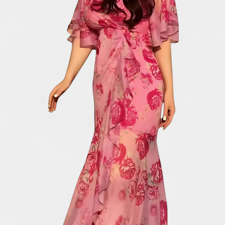 Sima Vestido Cruzado Estampado con Escote en V y Mangas Acampanadas
