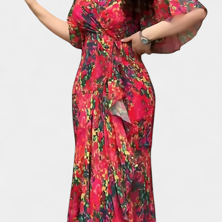 Sima Vestido Cruzado Estampado con Escote en V y Mangas Acampanadas