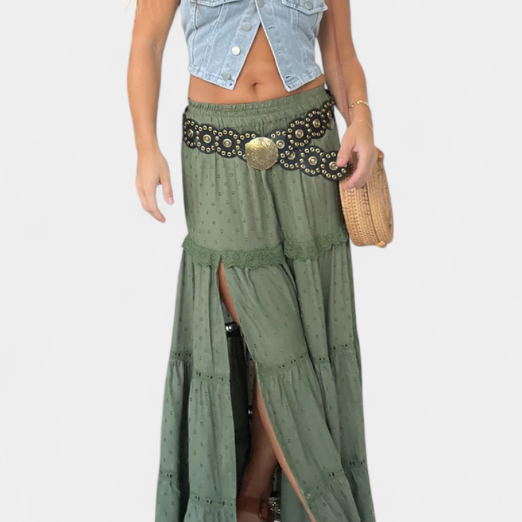 Dola Falda Maxi Boho con Encaje y Abertura Frontal