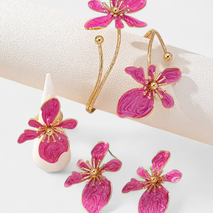 Set de Accesorios Florales: Pulsera + Pendientes + Anillos