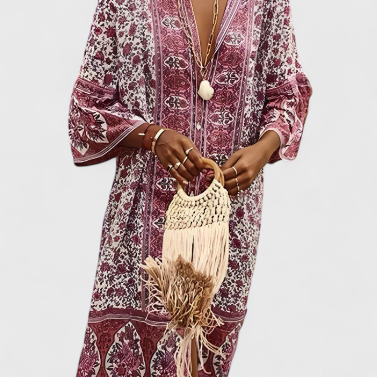 Chinara Vestido Largo Boho con Bordado Étnico y Silueta Relajada