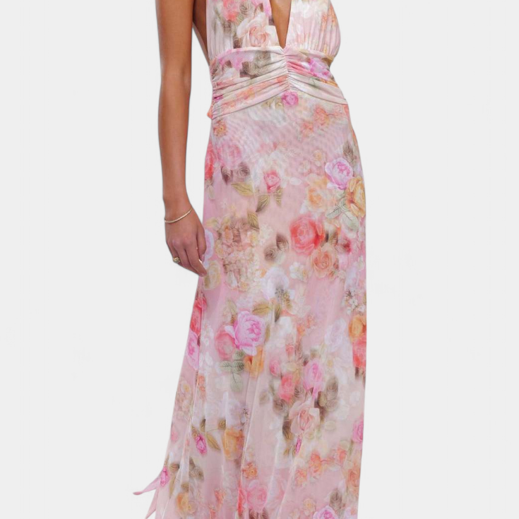Melodía Vestido Maxi de Lunares con Escote Halter y Cintura Fruncida