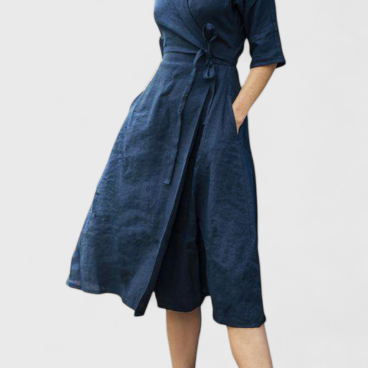 Sharon Vestido Midi Vintage de Algodón y Lino con Cuello de Solapa