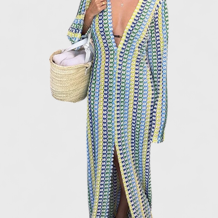 Crisanta Vestido Largo Estampado con Ondas Multicolores y Manga Larga